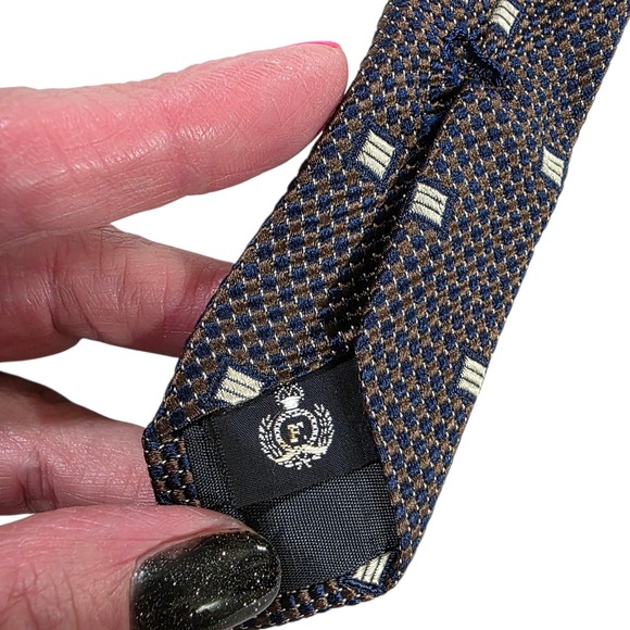 Faconnable Men's Tie Necktie‎ Designer Luxury Brown Blue Geometric France Silk - Picture 9 of 13